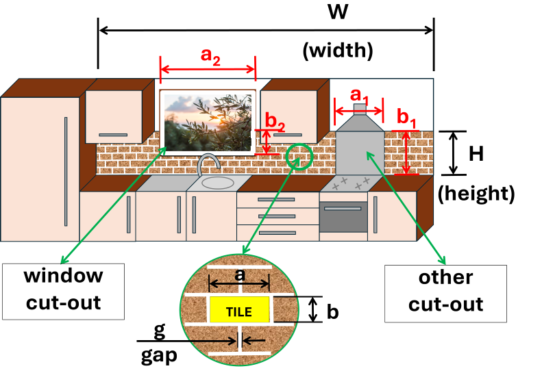 kitchen illustration with tile and grout measurements for a calculator of required materials and cost estimate